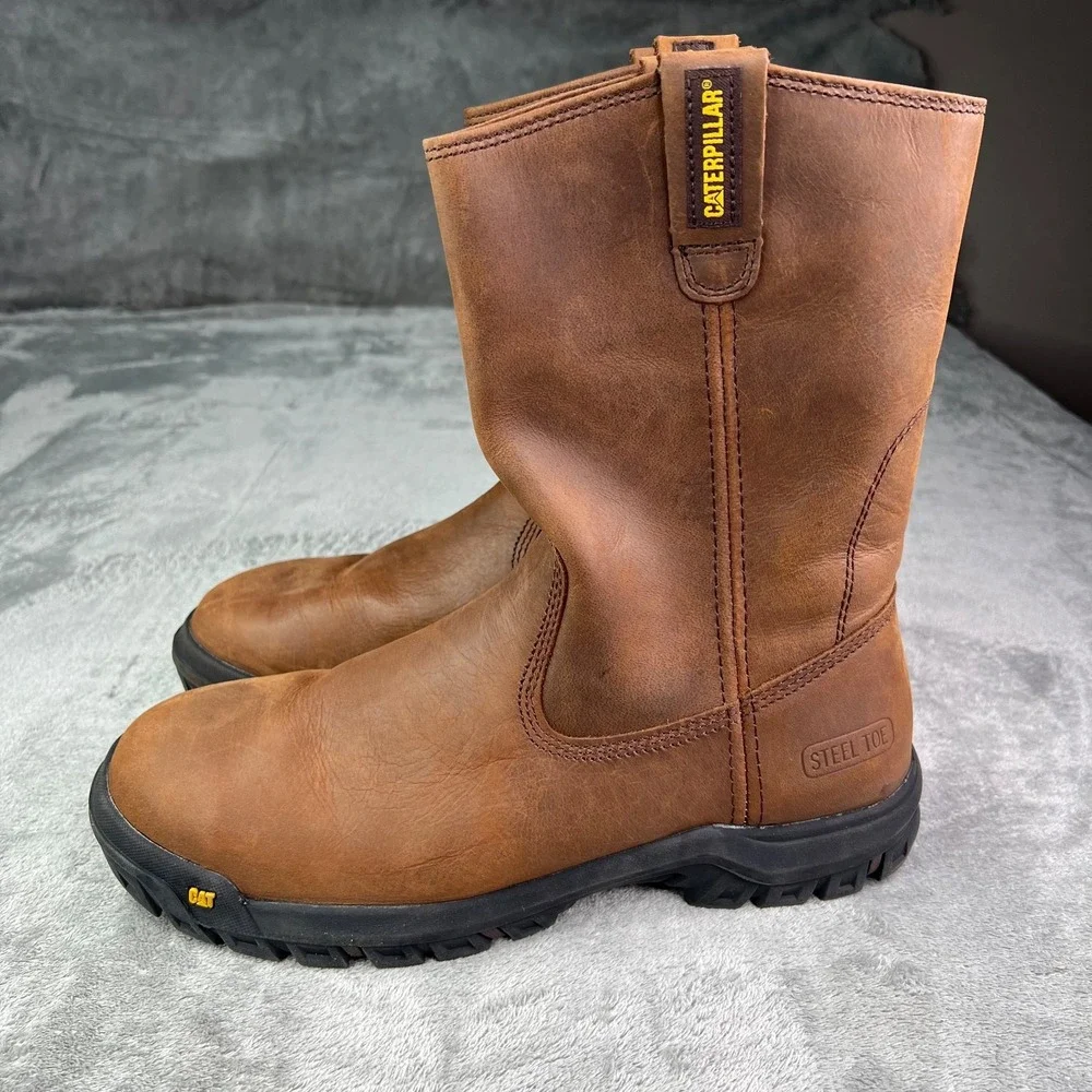 Caterpillar Work Boots Mens 8 Wide Summer‎ Brown Drawbar Pull-On Steel Toe New